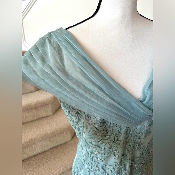 Tadashi Shoji Mint Green Sequin Embroidered Off the Shoulder Gown - Picture 6 of 10